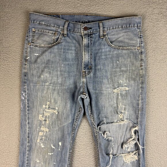 Levis Jeans Mens 36x30 Blue 527 Bootcut Slim Fit Cowboy Paint Splatter Thrashed - Picture 6 of 11